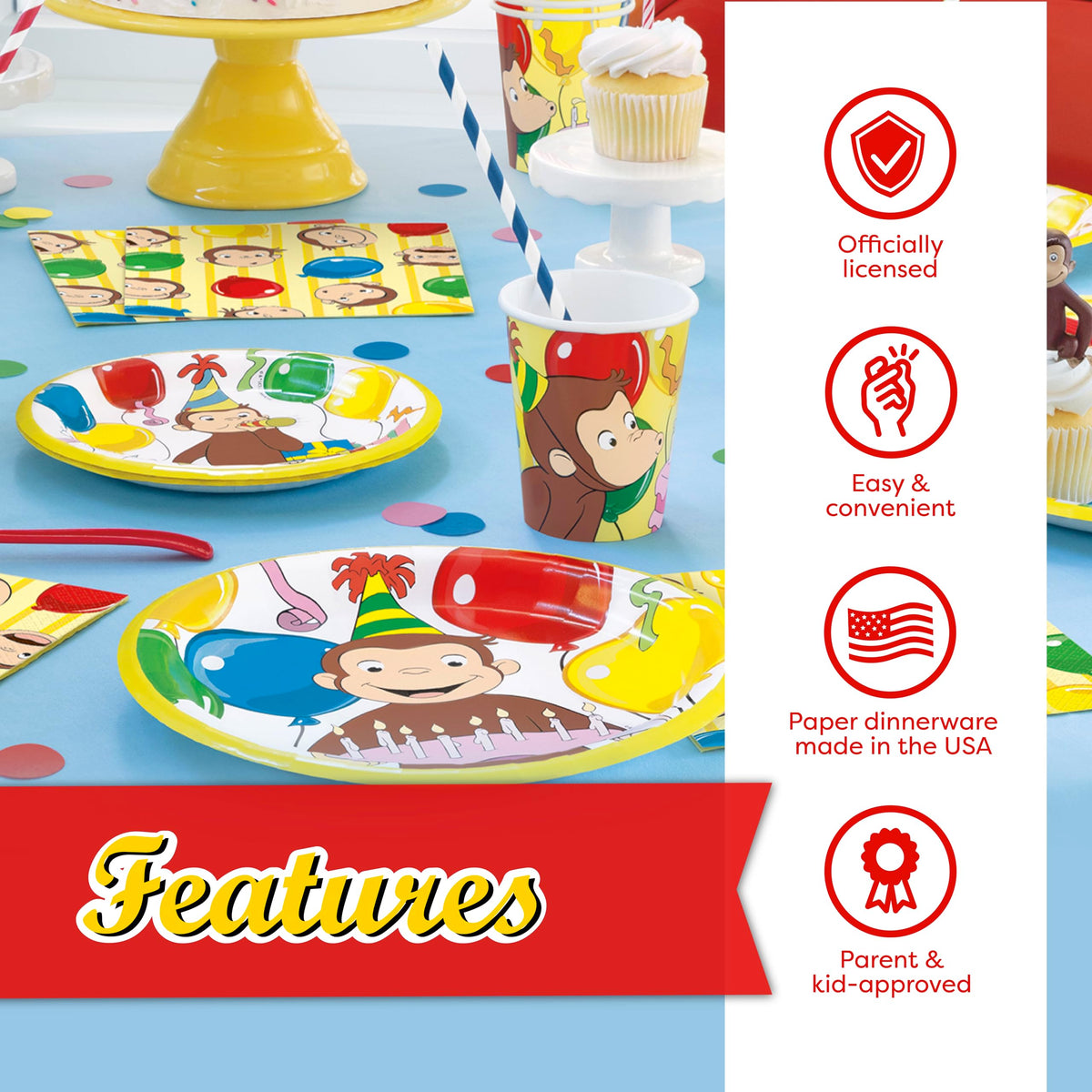 Unique Curious George 9-inch plates handle party foods with fun flair.
