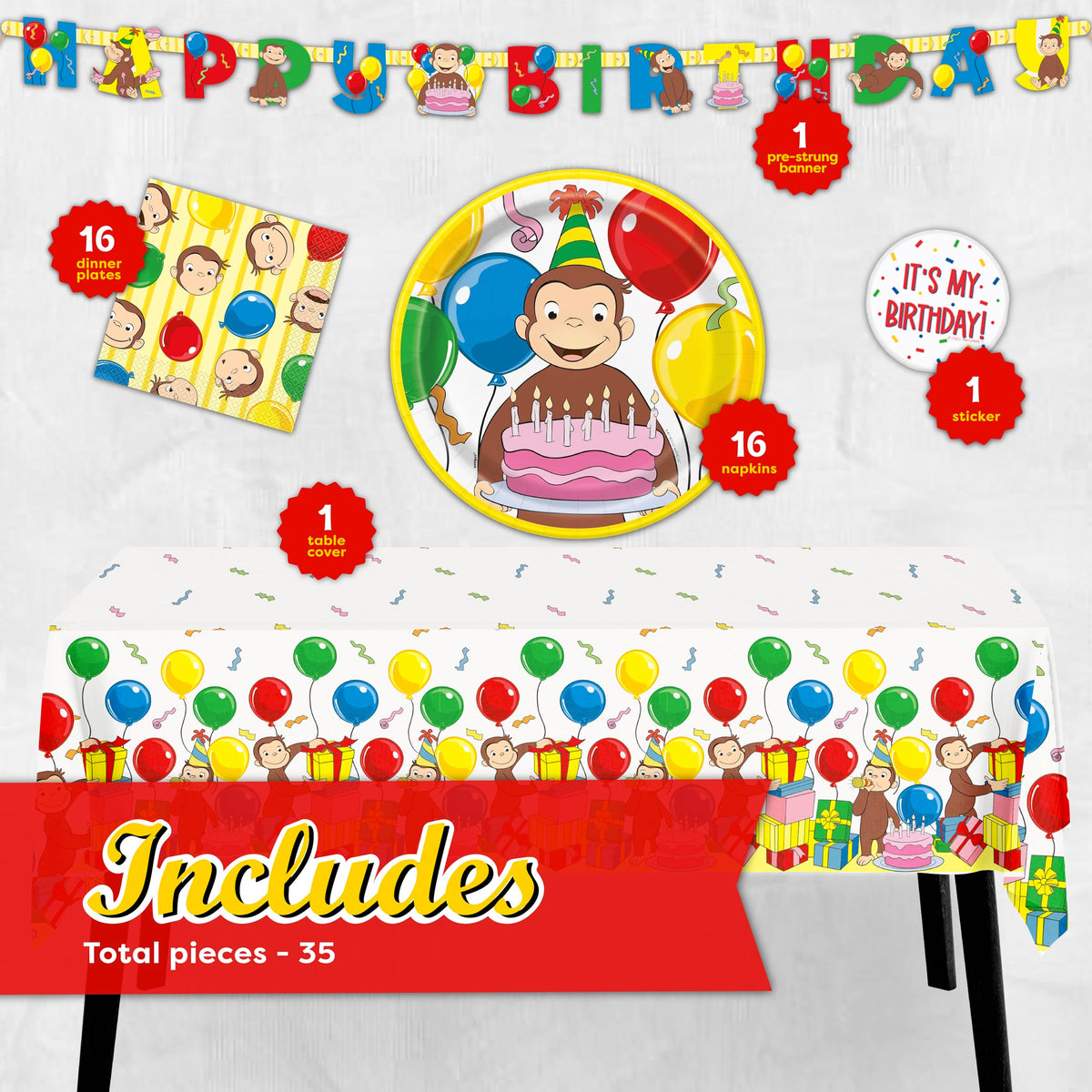 Unique Curious George tablecloth adds vibrant color and full coverage for the party.