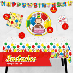 Unique Curious George tablecloth adds vibrant color and full coverage for the party.