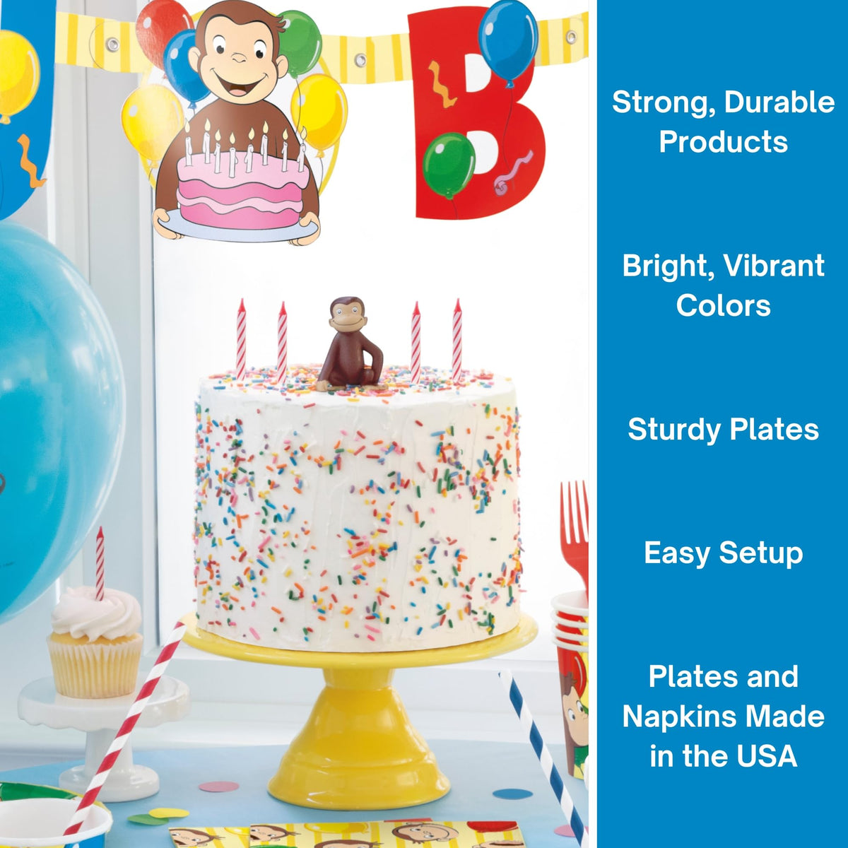 Unique Curious George tablecloth protects surfaces during treats.