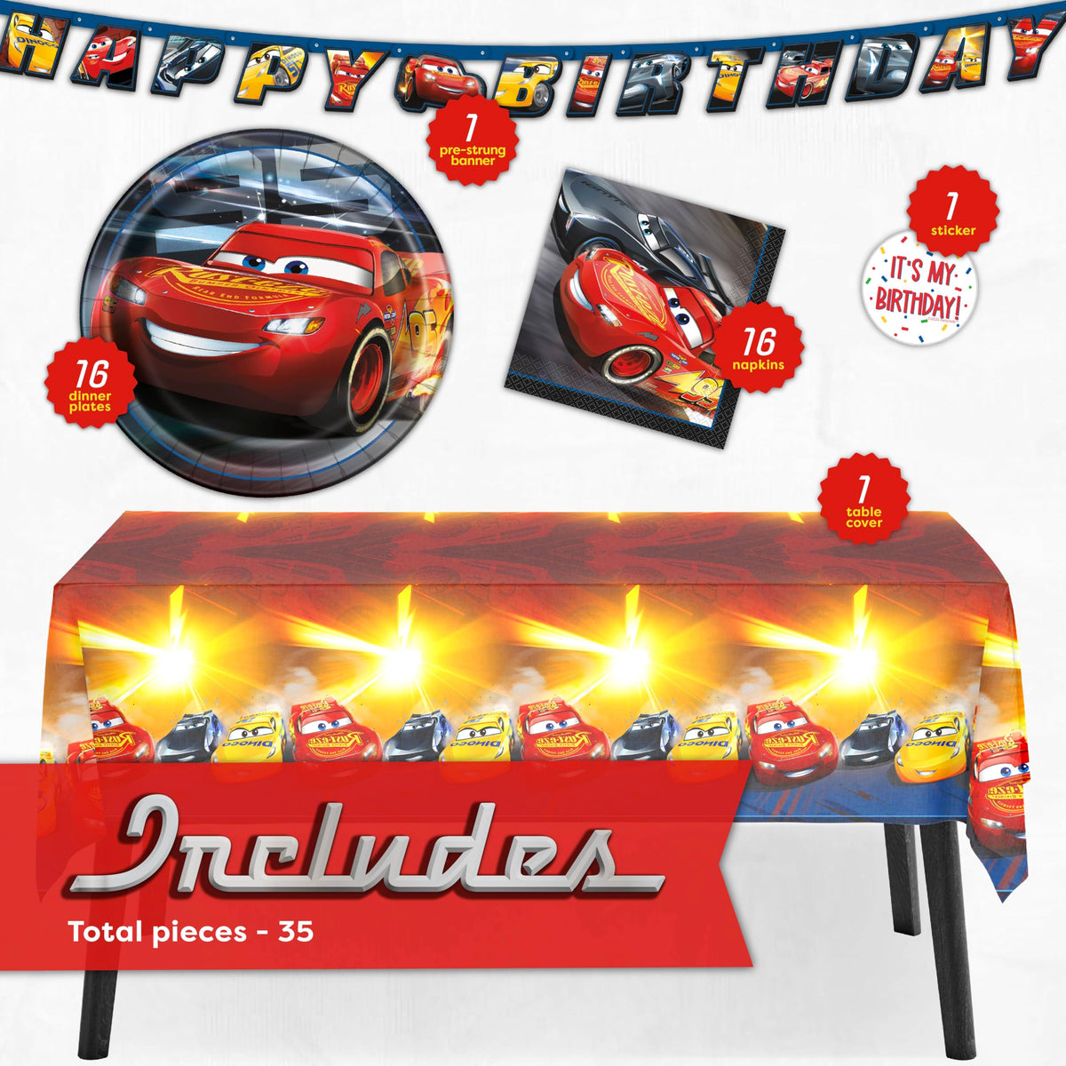 Unique Disney Cars tablecloth provides spill protection and a bold party backdrop.