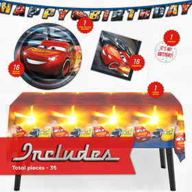 Unique Disney Cars tablecloth provides spill protection and a bold party backdrop.