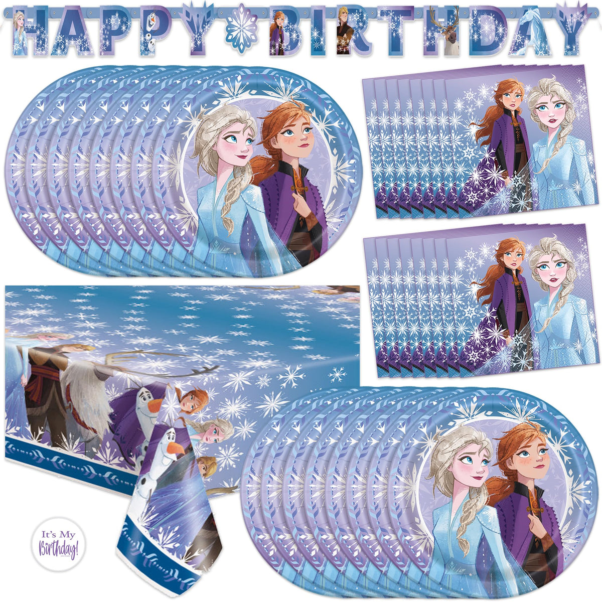 Unique Frozen banner adds festive Elsa-theme flair to the party space.