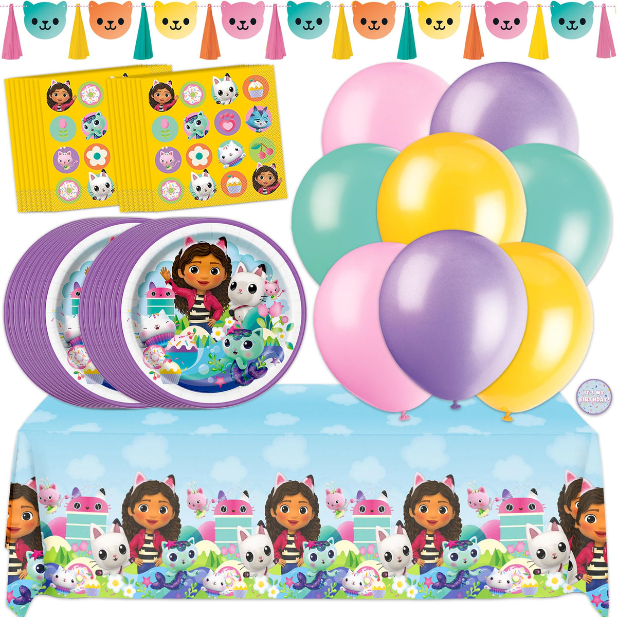 Unique Gabby Dollhouse balloons brighten the party space with colorful fun.