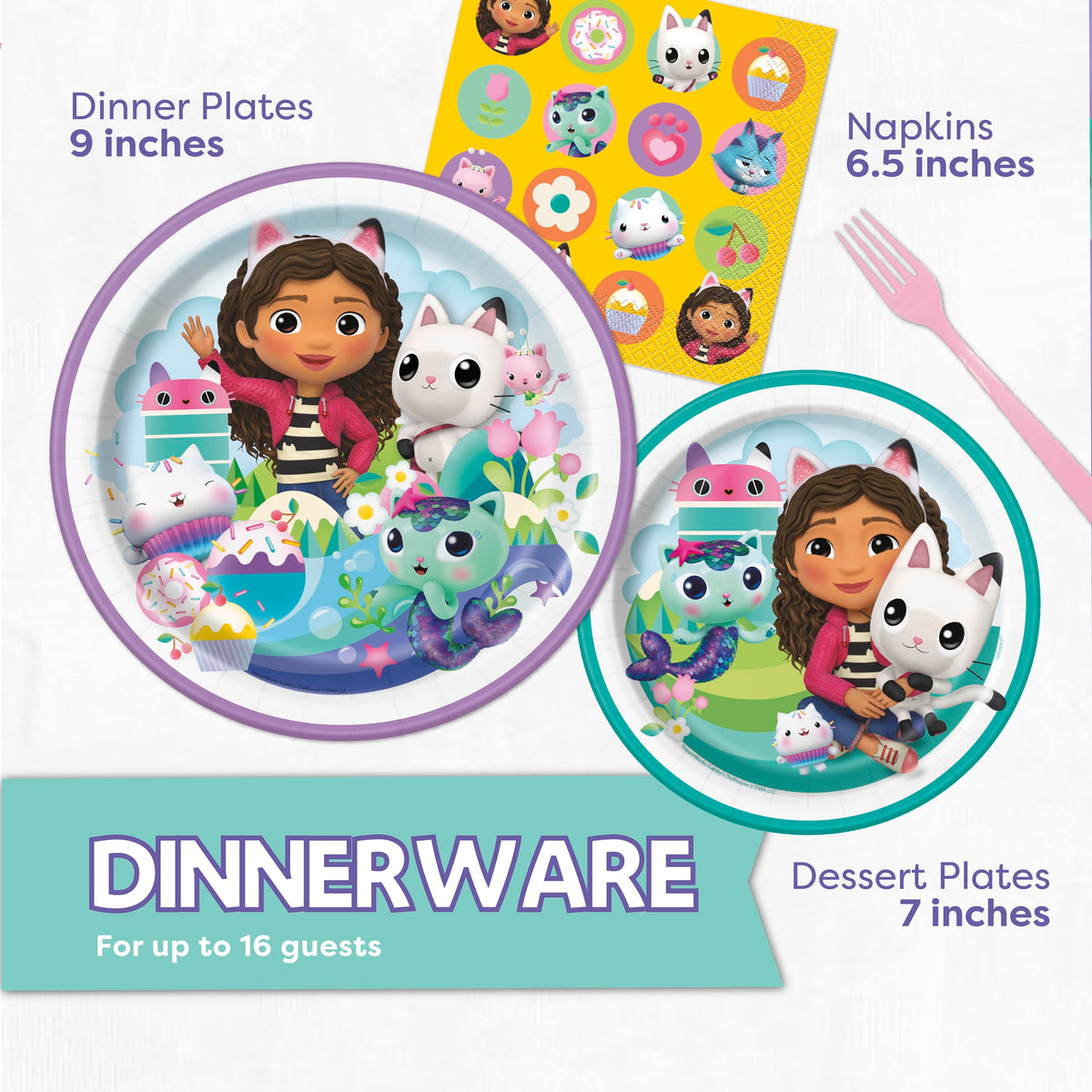Unique Gabby Dollhouse napkins complete the table setting with kid-friendly charm