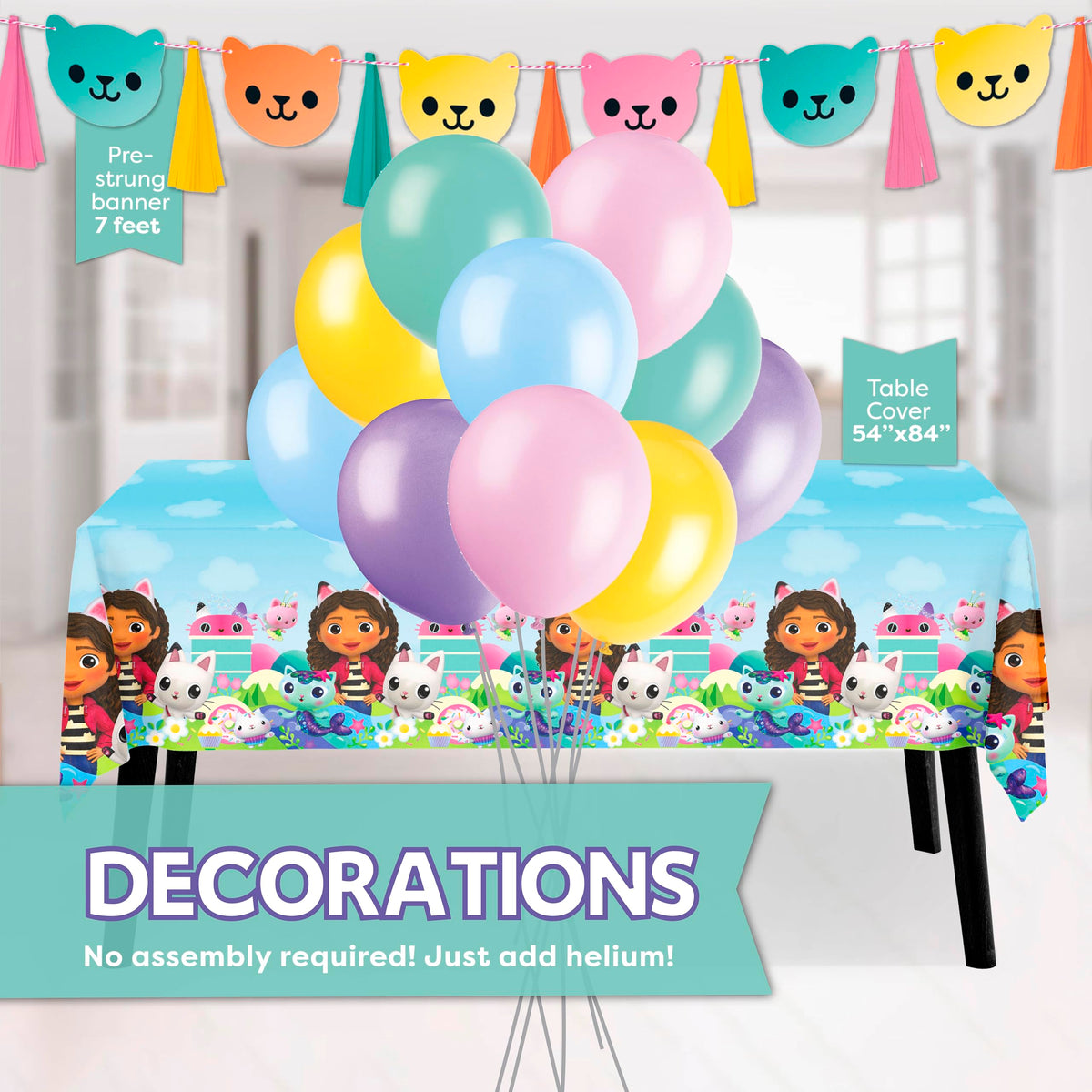 Unique Gabby Dollhouse tablecloth protects surfaces during celebrations.
