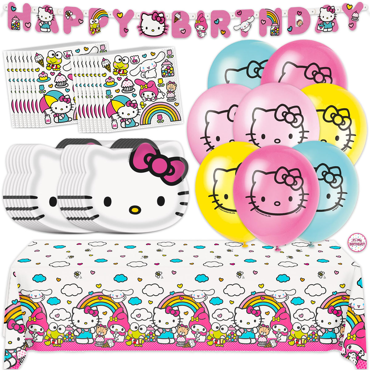 Unique Hello Kitty balloons arrangement adds a festive touch for a 16-guest party.