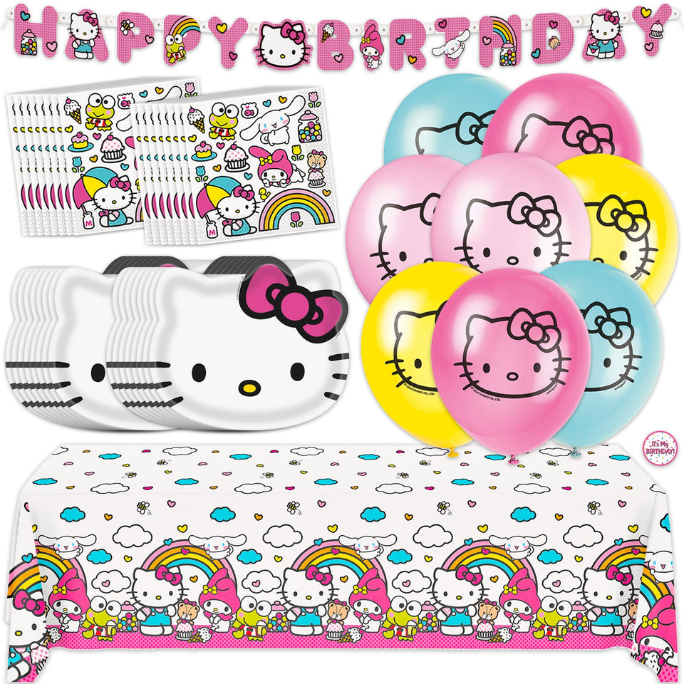 Unique Hello Kitty balloons arrangement adds a festive touch for a 16-guest party.