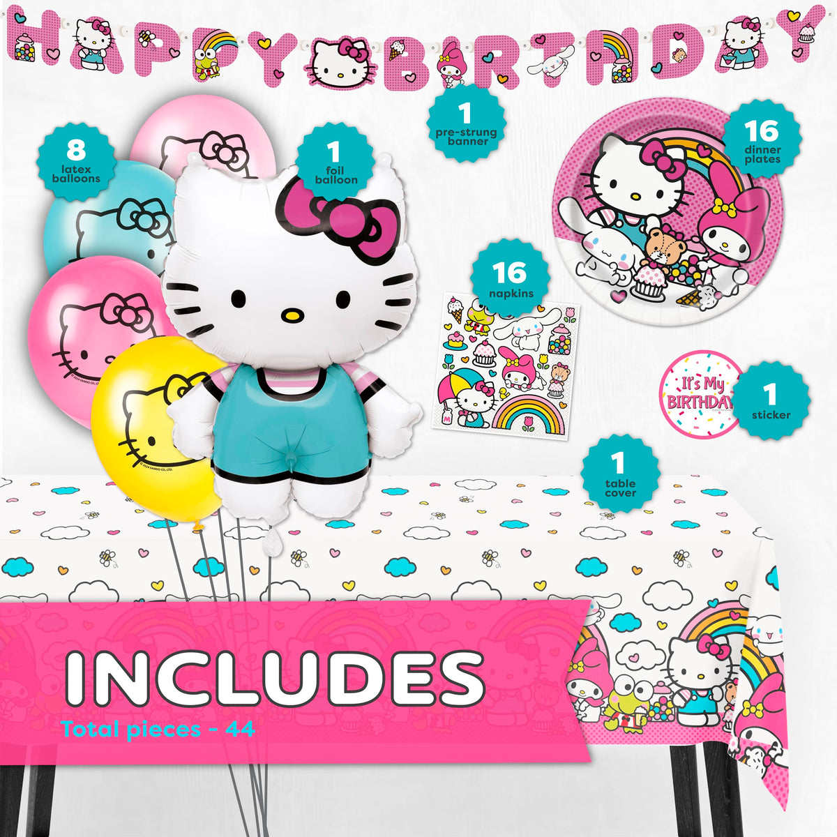Unique Hello Kitty banner decor creates a celebratory backdrop for guests.