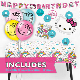 Officially licensed Hello Kitty banner enhances party backdrops.