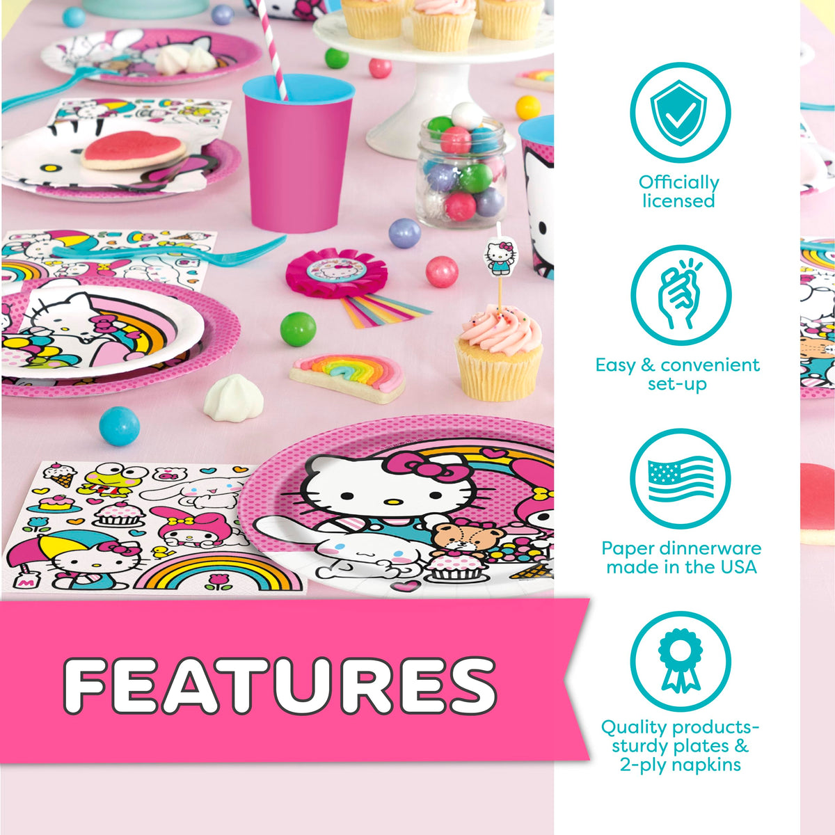 Unique Hello Kitty napkins for quick cleanups and coordinated tableware.
