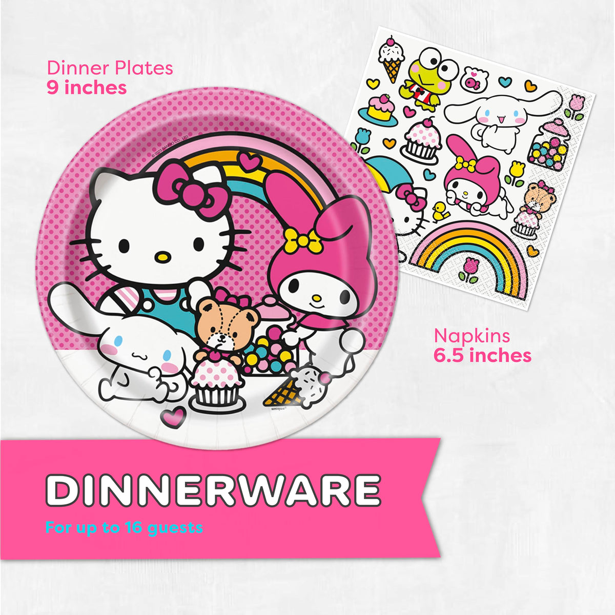 Unique Hello Kitty 9-inch paper plates for easy pizza and cake servings.