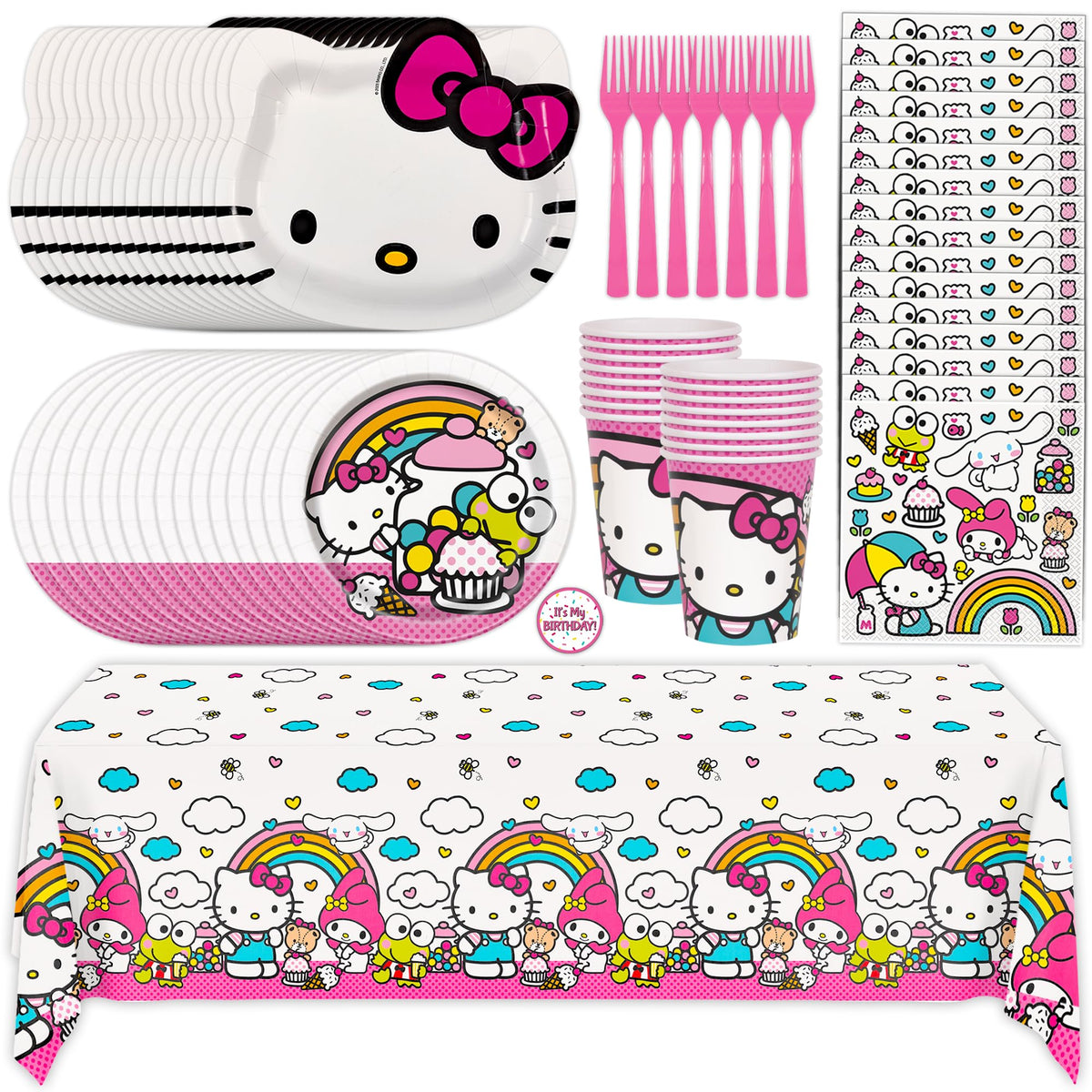 Unique Hello Kitty table cover for a polished birthday tablescape and spill protection
