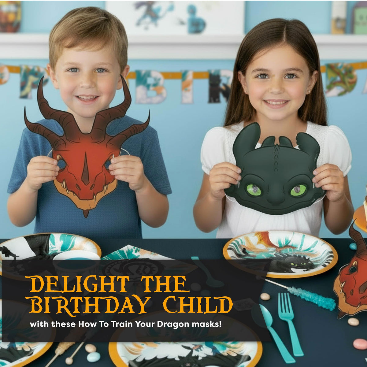 Unique How to Train Your Dragon decor set ties the scene together for a cohesive party.