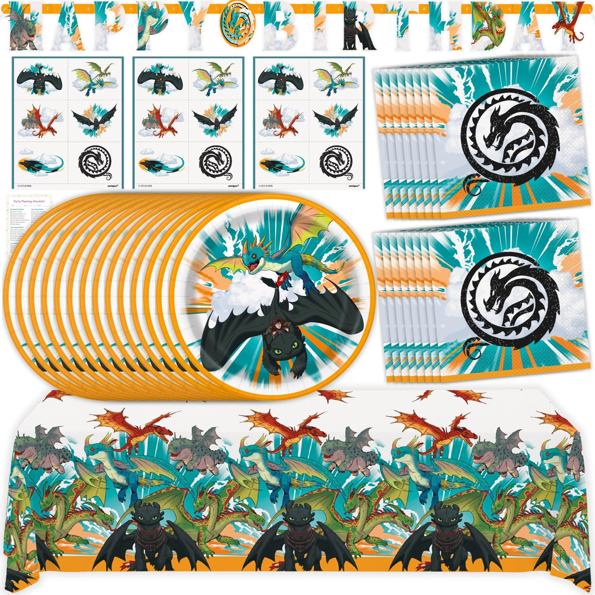 Unique How To Train Your Dragon tablecloth enhances party backdrop with vibrant visuals.