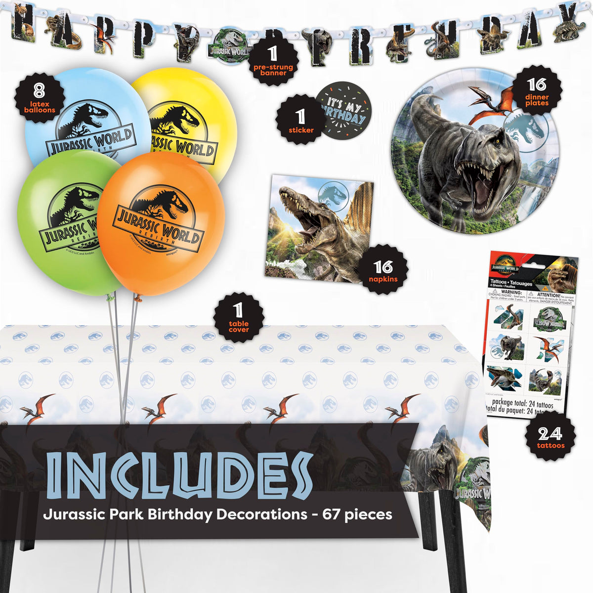 Unique Jurassic Park balloons pack adds festive flair to the party.