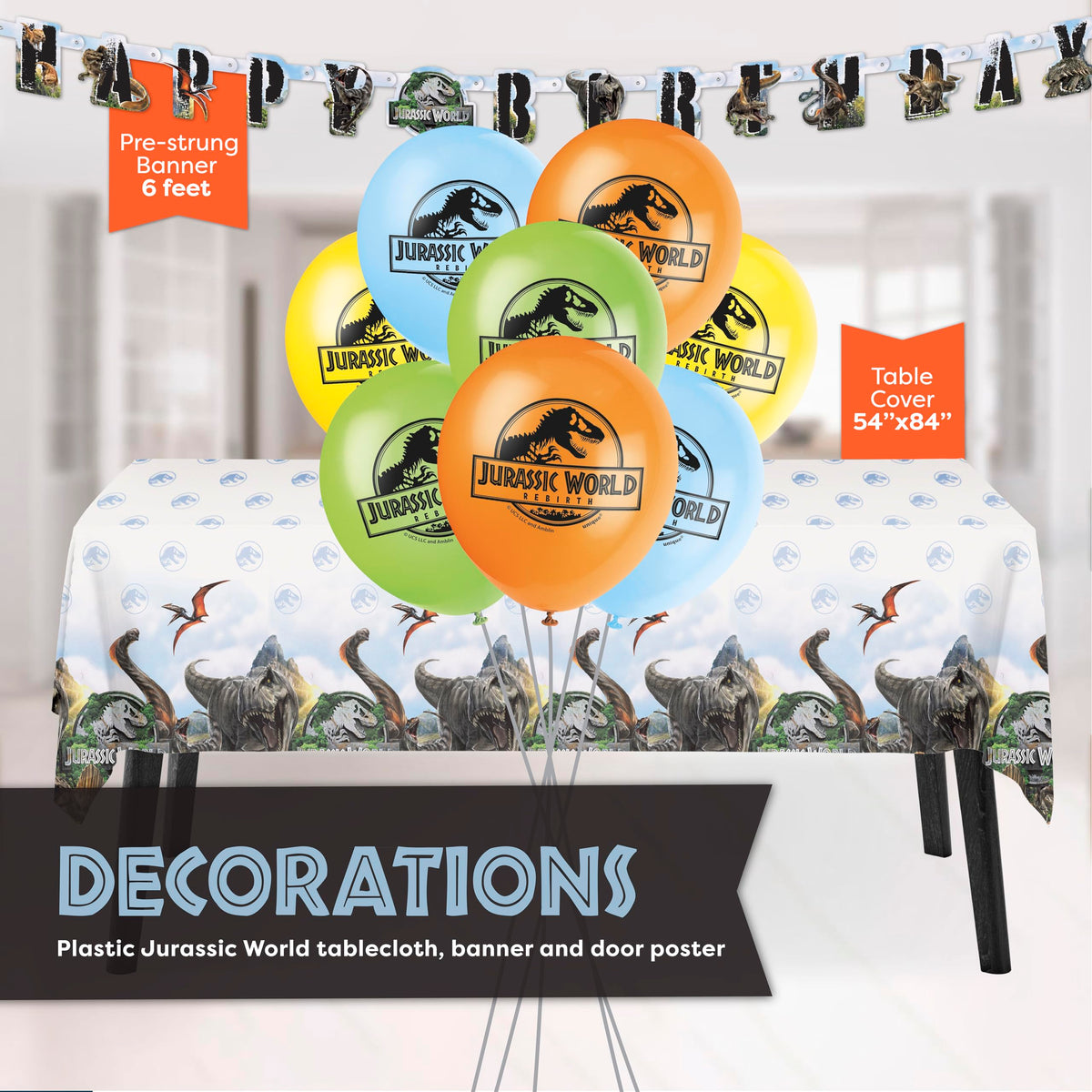 Unique Jurassic Park tablecloth protects tables while enhancing park-themed dining.