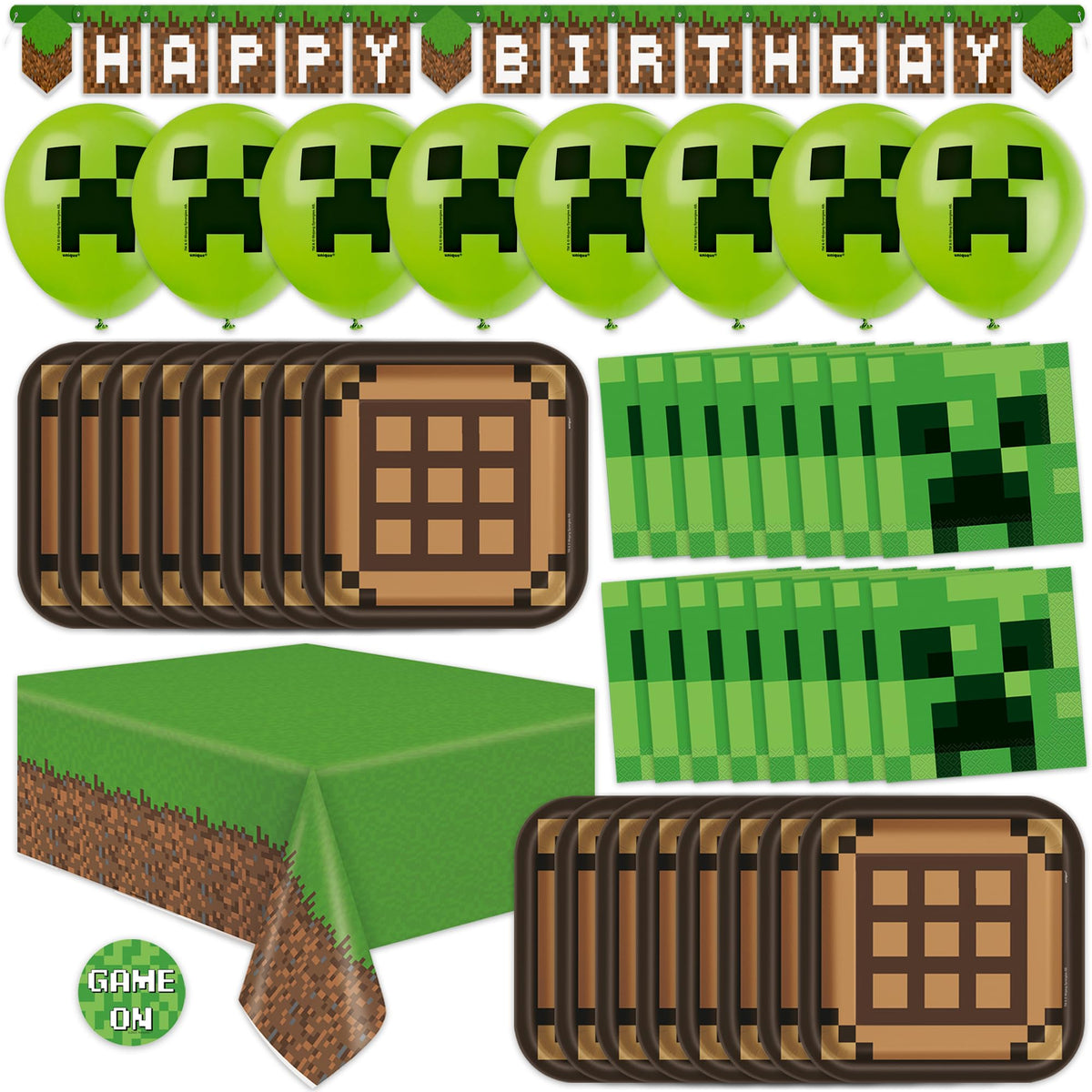 Unique Minecraft birthday balloons ready to inflate for a vibrant party.