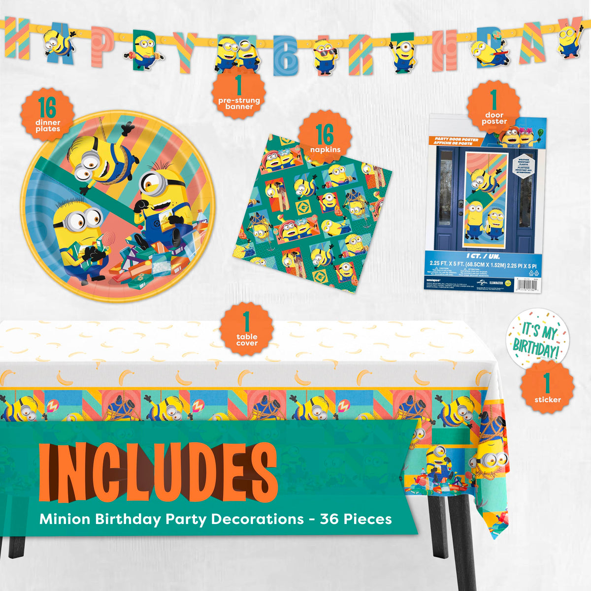 Unique Minions tablecloth 54x84 adds colorful coverage for the party table.