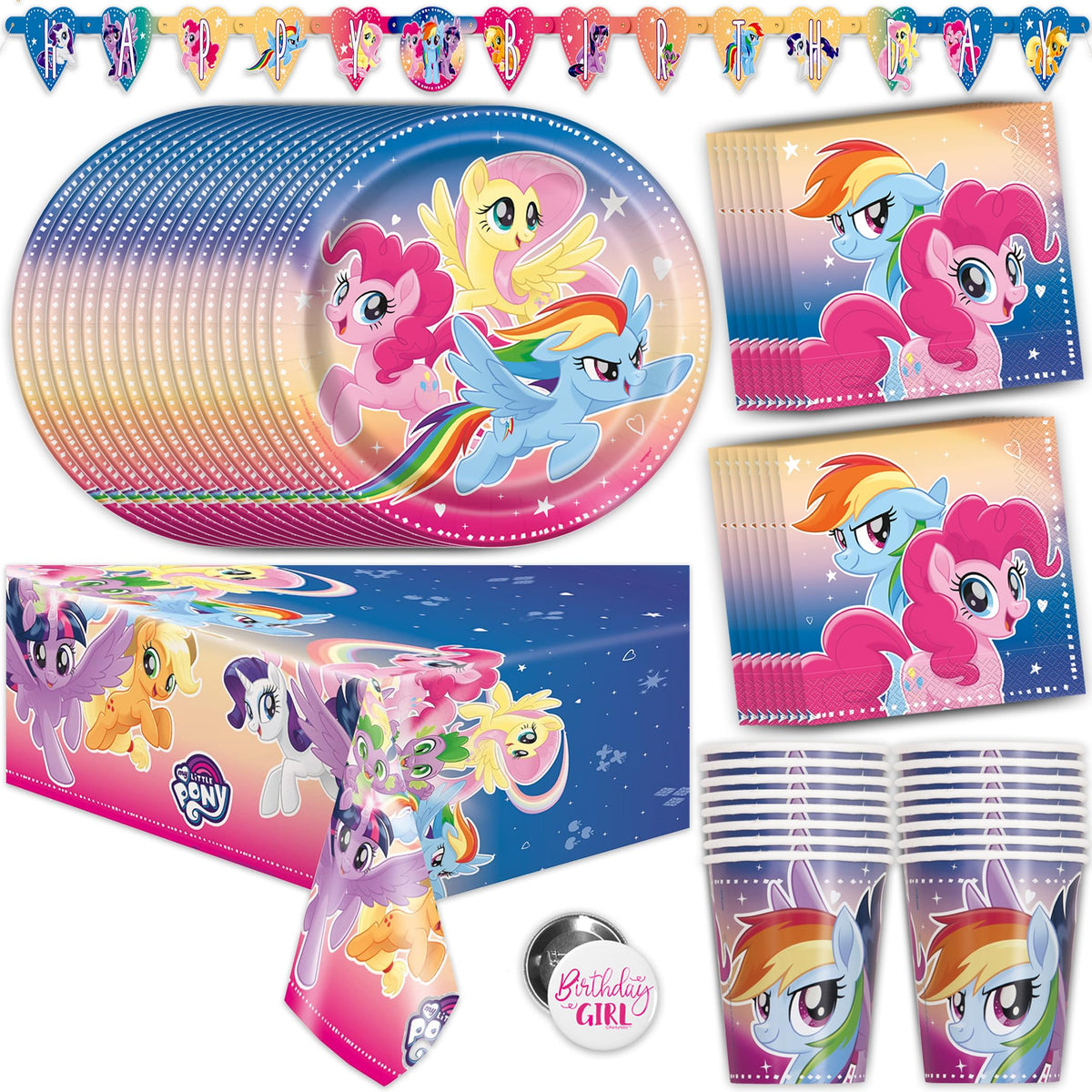 Unique My Little Pony heart pennant banner adds festive flair to the party decor.