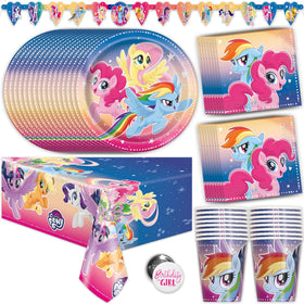 Unique My Little Pony heart pennant banner adds festive flair to the party decor.