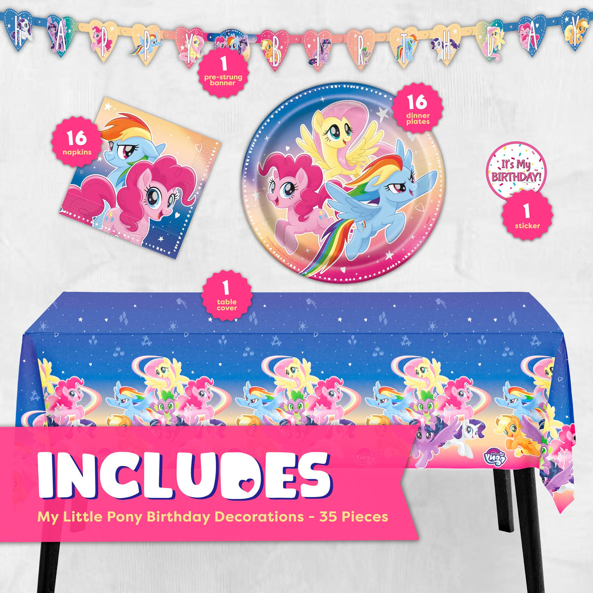 Unique My Little Pony table cover protects surfaces and enhances the themed setup.