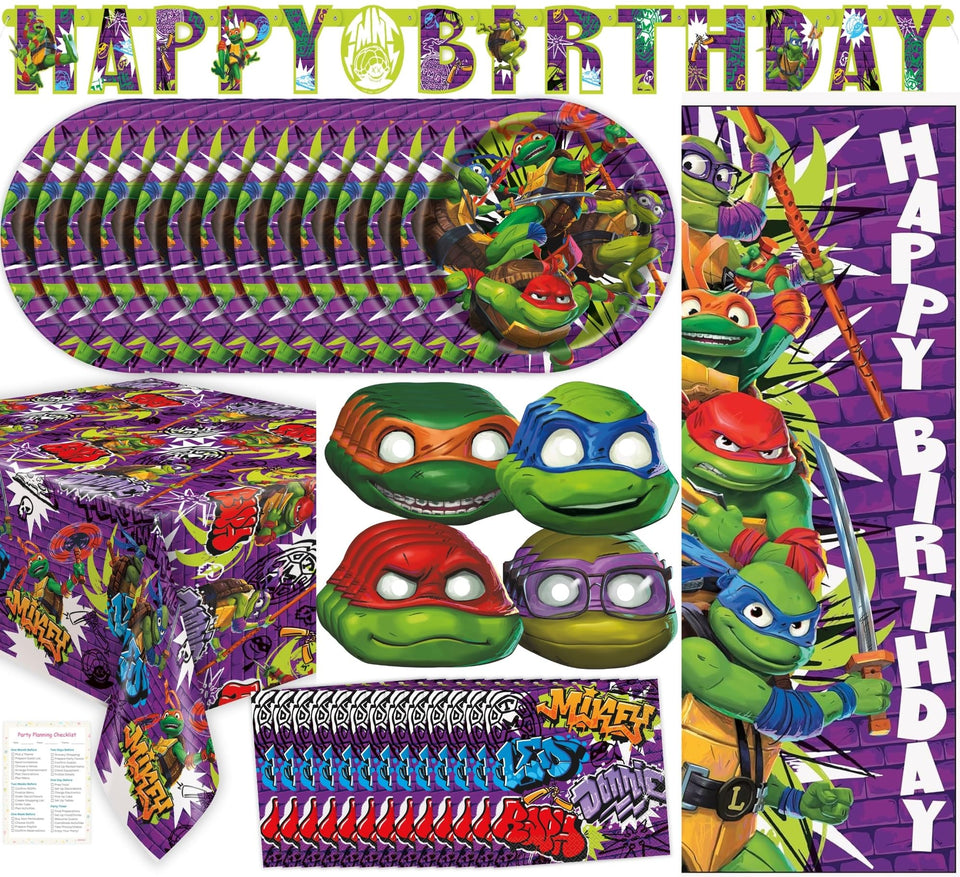 Unique Ninja Turtle plates for party decor and quick cleanup after meals.