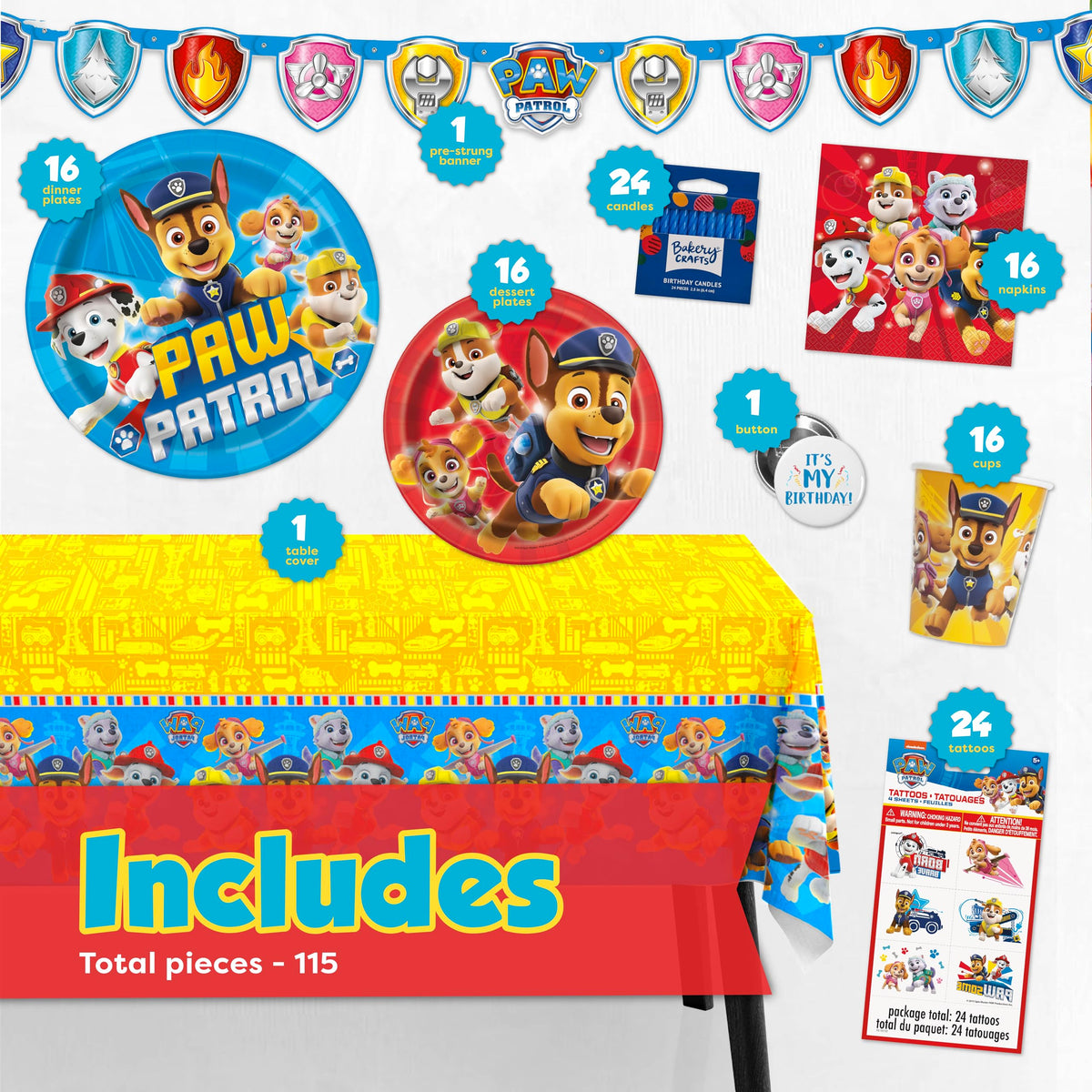 Unique Paw Patrol shield pennant banner adds festive color to the room.