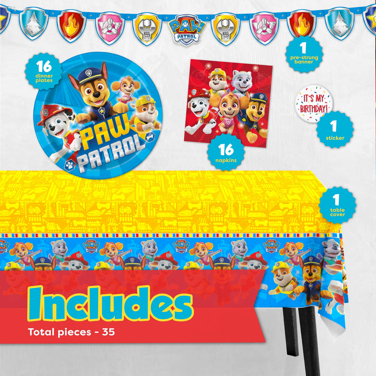 Unique Paw Patrol tablecloth protects surfaces during celebrations.