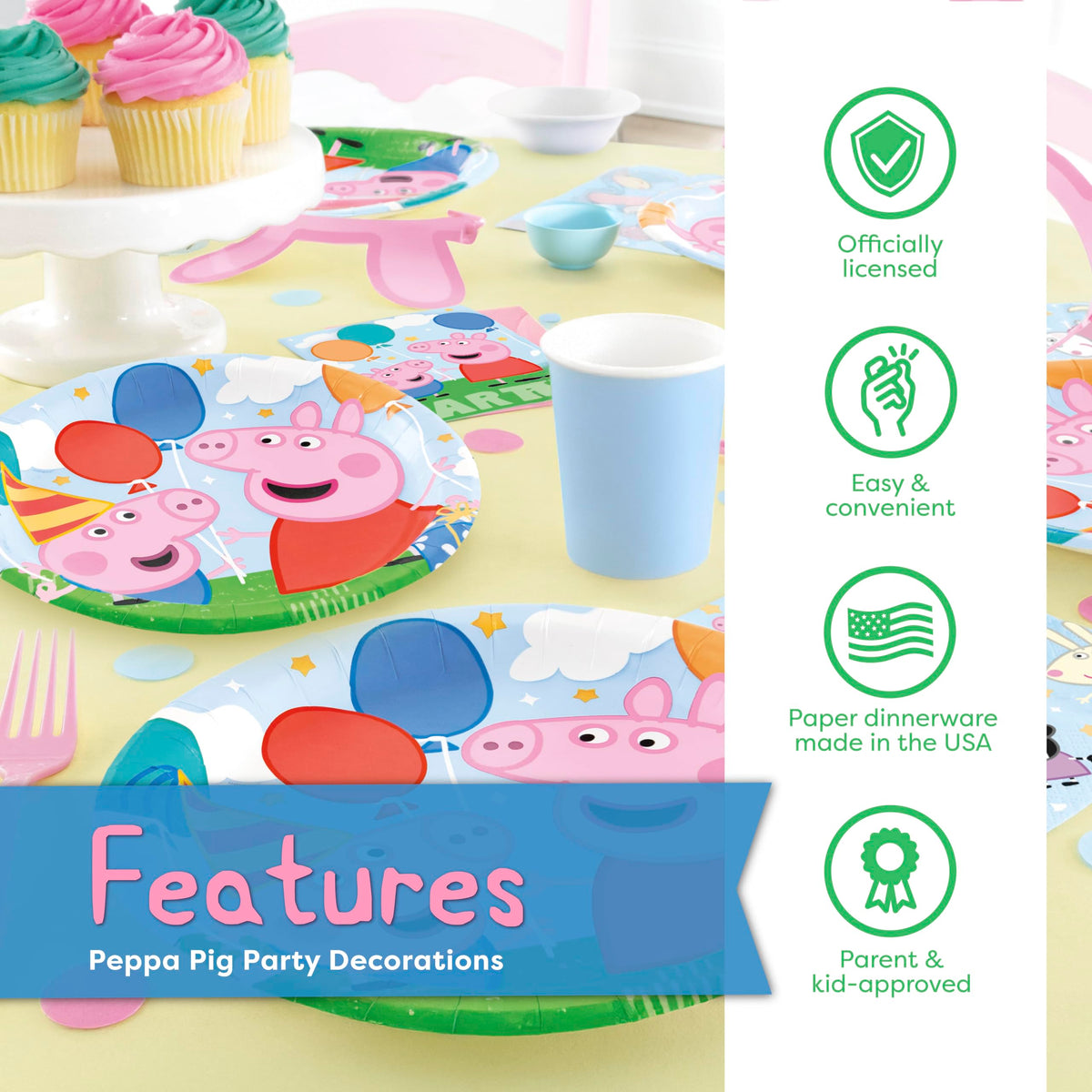 Unique Peppa Pig packaged decor kit enables fast party setup.