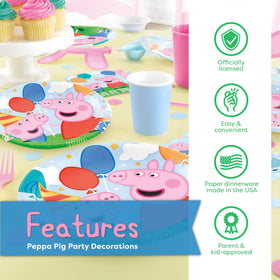 Peppa Pig plates and napkins pair with cupcakes and beverages for kids.