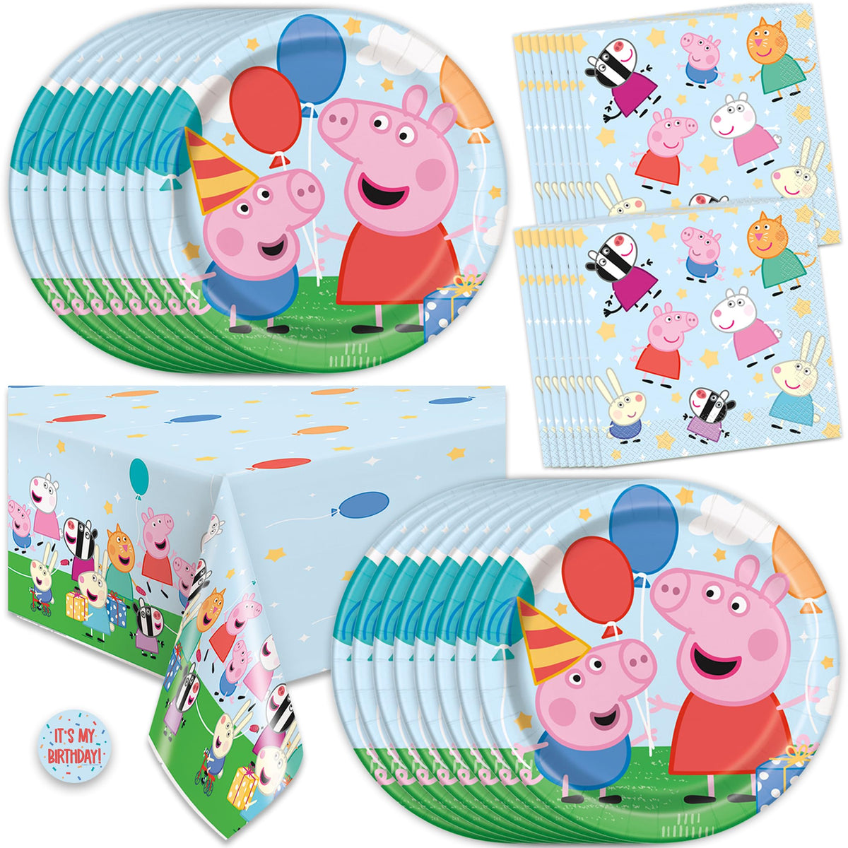 Unique Peppa Pig tablecloth 54x84 protects surfaces and adds color for the party.