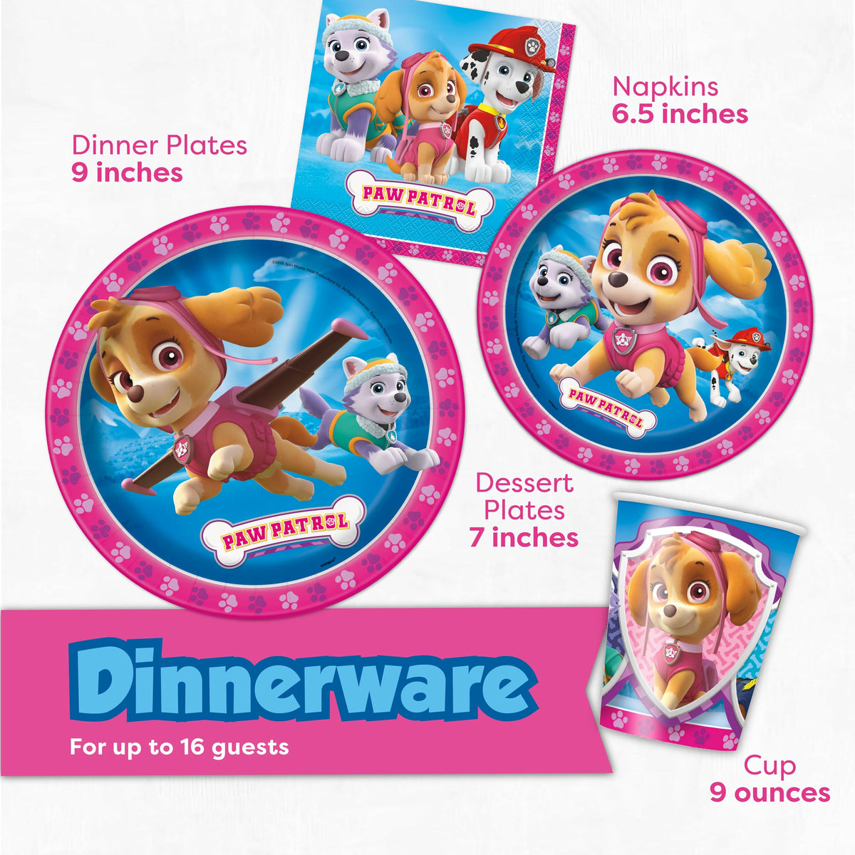 Unique Pink Skye Paw Patrol cups hold beverages for all guests with ease.