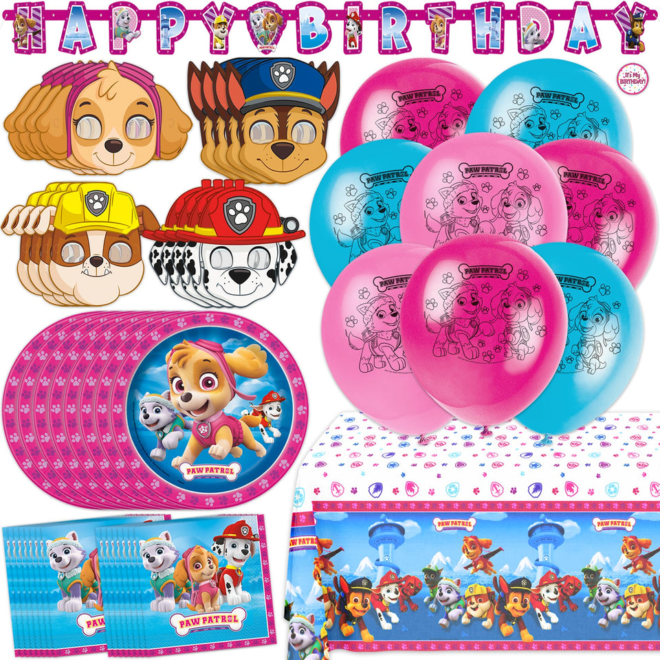 Unique Skye Paw Patrol banner creates a photo-ready centerpiece for a pink birthday party