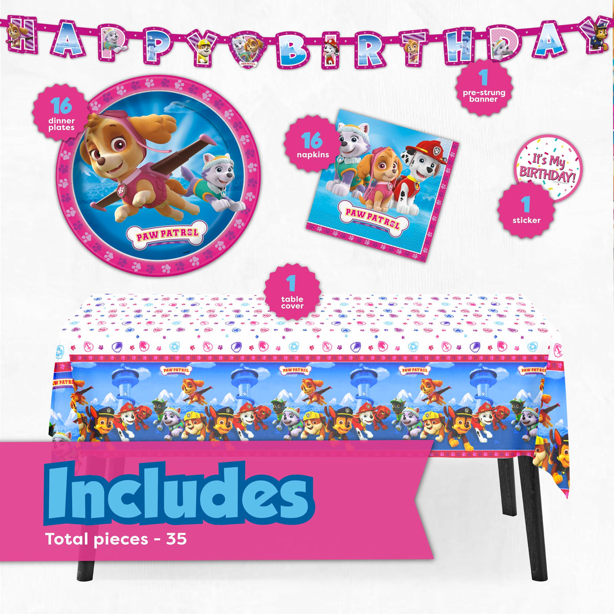 Unique Skye Paw Patrol tablecloth protecting surfaces with a bright party look