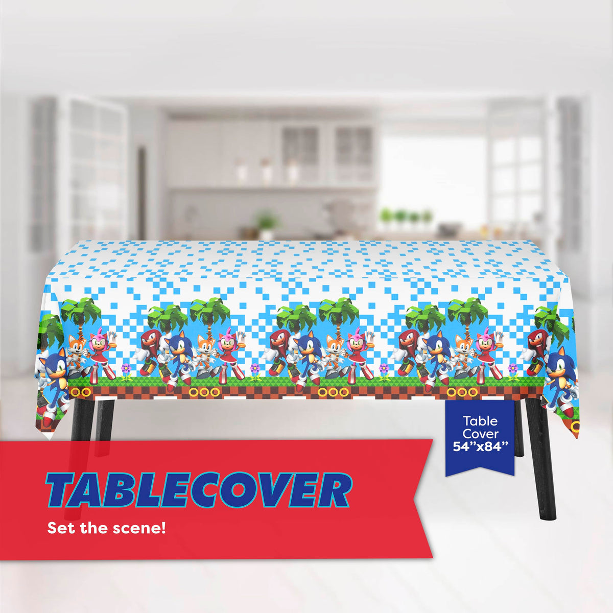 Unique Sonic table cover 54x84 inches creates a themed backdrop.