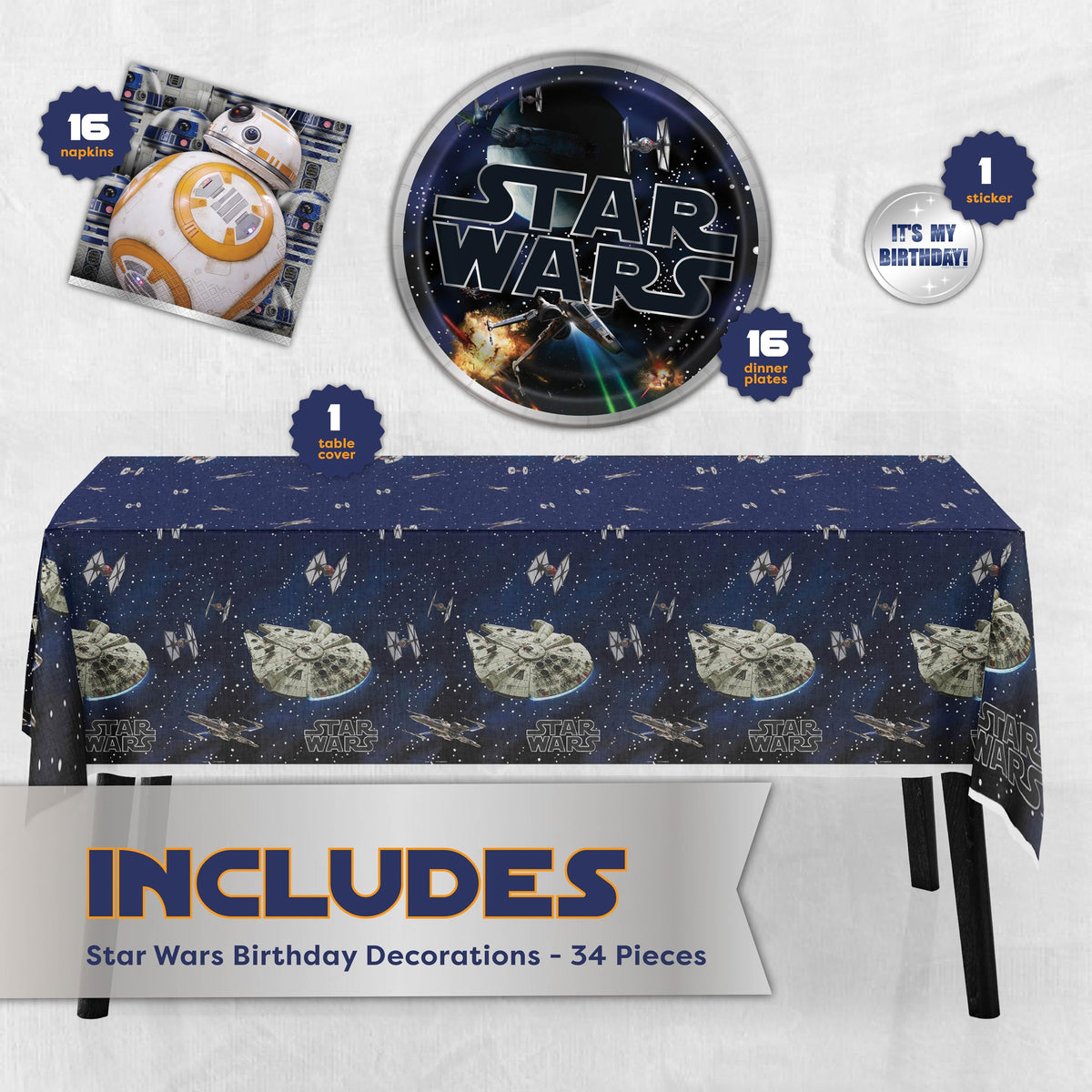 Unique Star Wars 9-inch plates hold pizza and cake with sturdy paper.