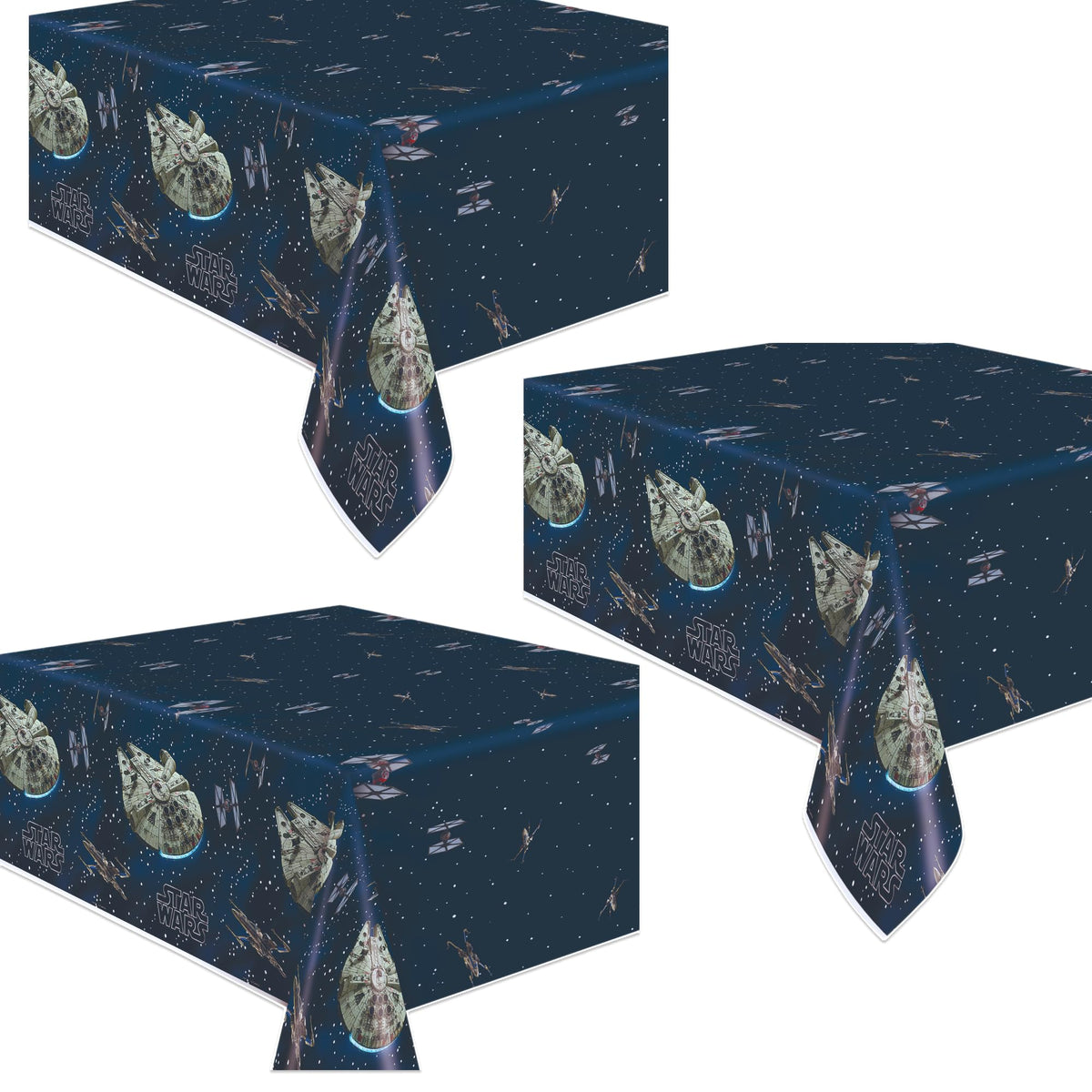 Unique Star Wars table cover 3-pack, front view for quick party setup.