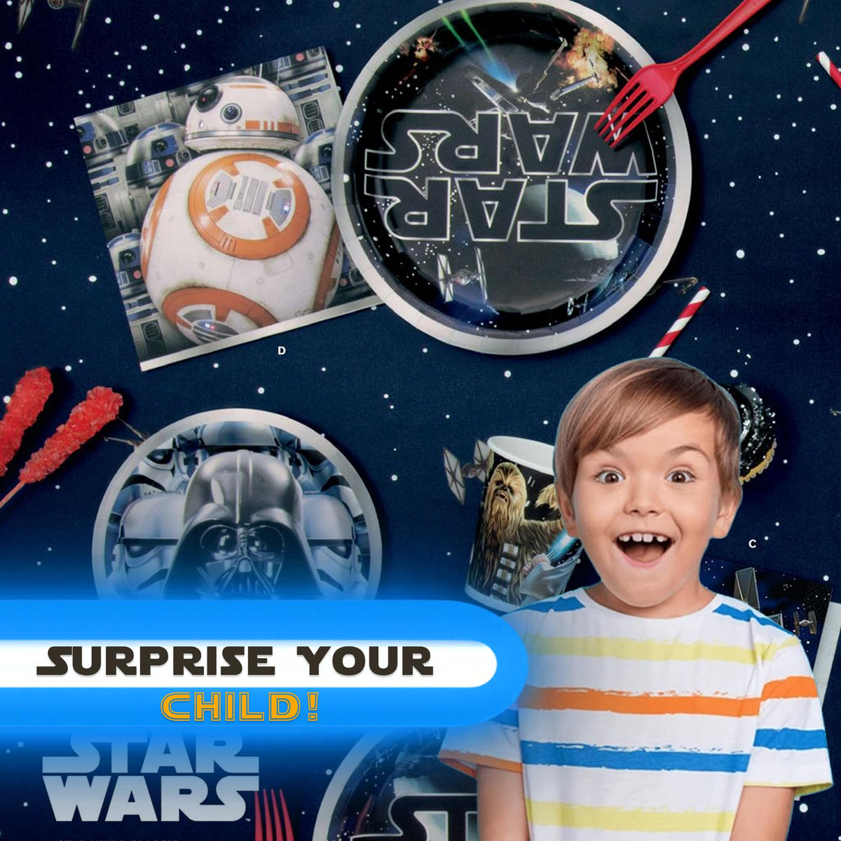 Unique Star Wars table cover coordinated with banners and balloons to enhance the theme.