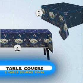 Unique Star Wars table cover shows durable wipeable material ideal for spills.