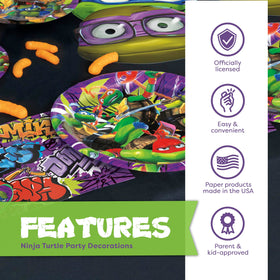 Unique TMNT door poster backdrop creates a fun photo corner.