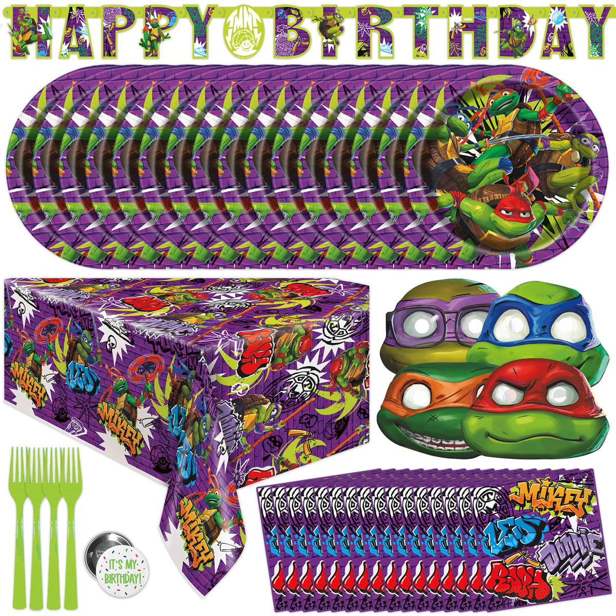 Unique TMNT Mutant Mayhem banner brightens party space.