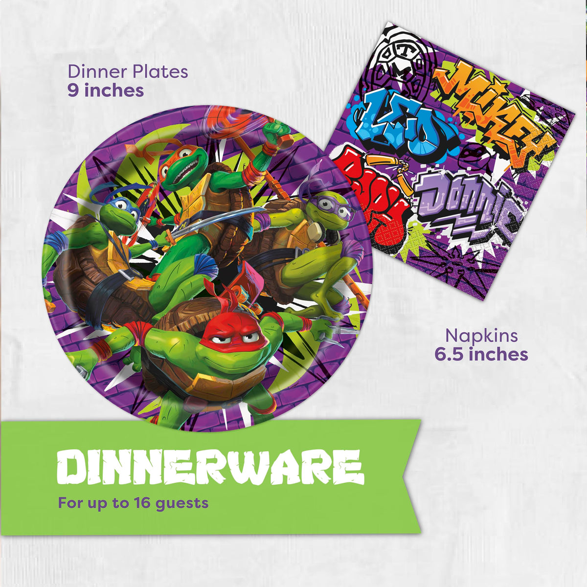 Unique TMNT plates and napkins offer sturdy, themed dining.