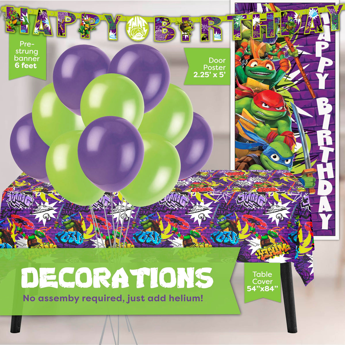 Unique TMNT tablecloth protects surfaces while featuring heroic art.