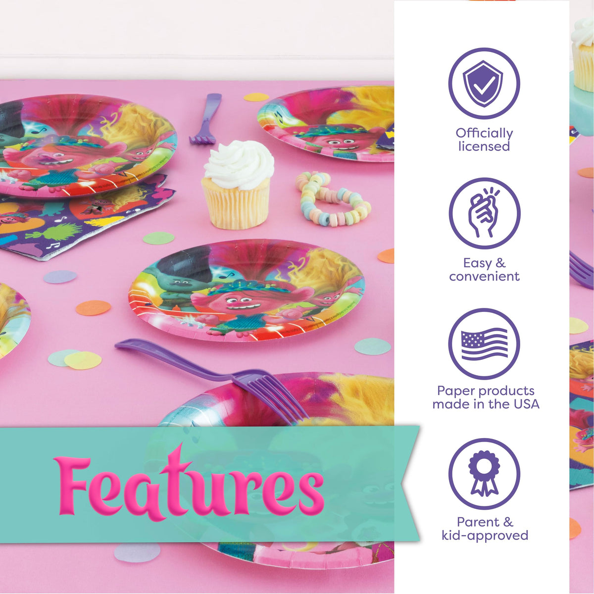 Unique Trolls napkins aid quick cleanup and cohesive table styling.