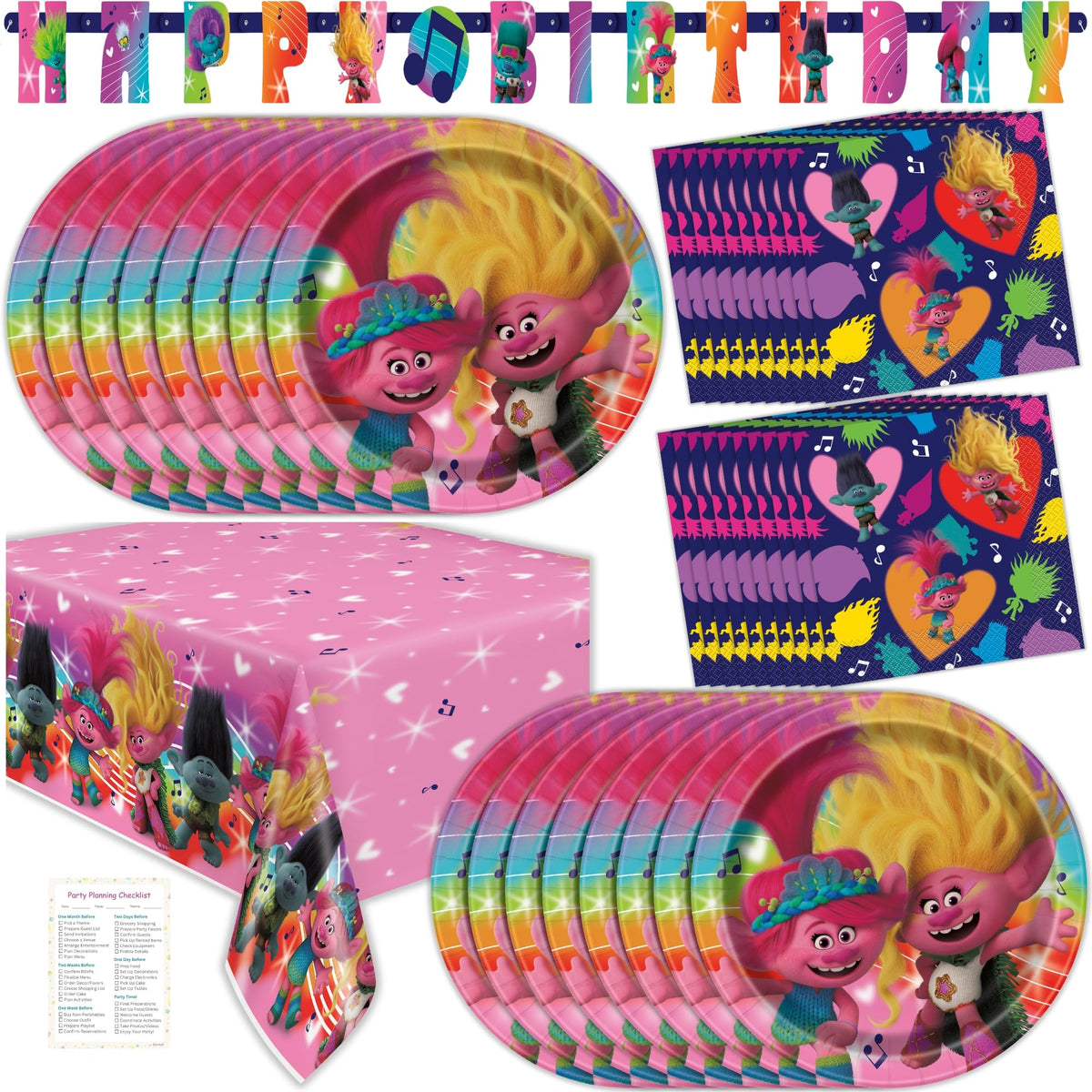 Unique Trolls plates for 16 guests, durable dinnerware for meals and desserts.