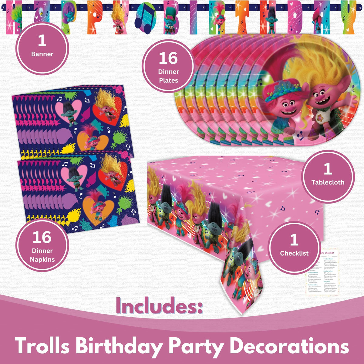 Unique Trolls tablecloth protecting surfaces while enhancing ambience.