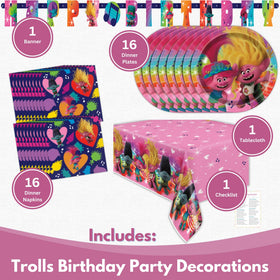 Unique Trolls tablecloth protecting surfaces while enhancing ambience.