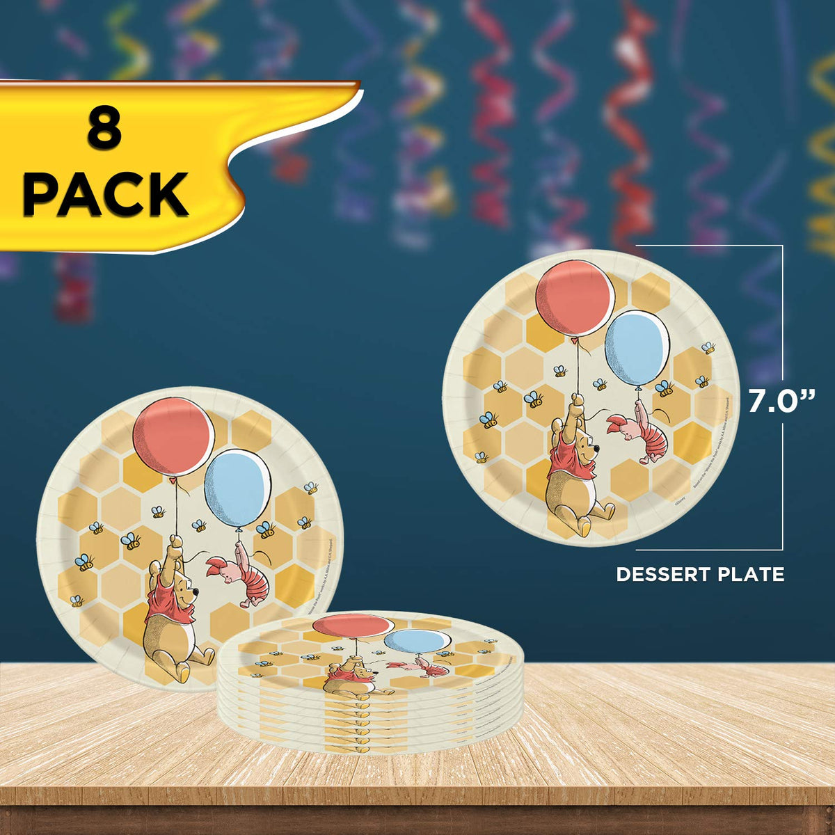 Unique Winnie the Pooh dessert plates add playful touches to dessert courses.
