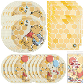 Unique Winnie the Pooh table cover brightens party decor and simplifies setup.